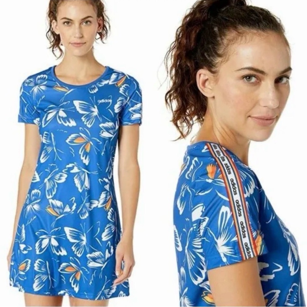 Adidas X FARM Rio Blue Butterfly Print Jersey Mini Dress Short Sleeve Size XL